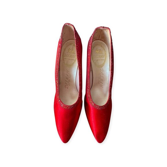 Vintage Delman Red Satin Rhinestone Heels 1950s Size 6B  Cocktail Pumps - Picture 4 of 15